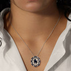 Vintage Two Tone Halo Blue & White Sapphire Oval & Round Cut Pendant Necklace For Women Belovegrace
