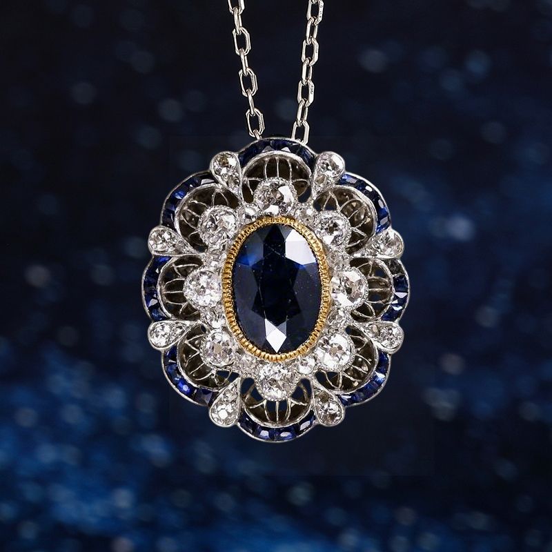 Vintage Two Tone Halo Blue & White Sapphire Oval & Round Cut Pendant Necklace For Women Belovegrace