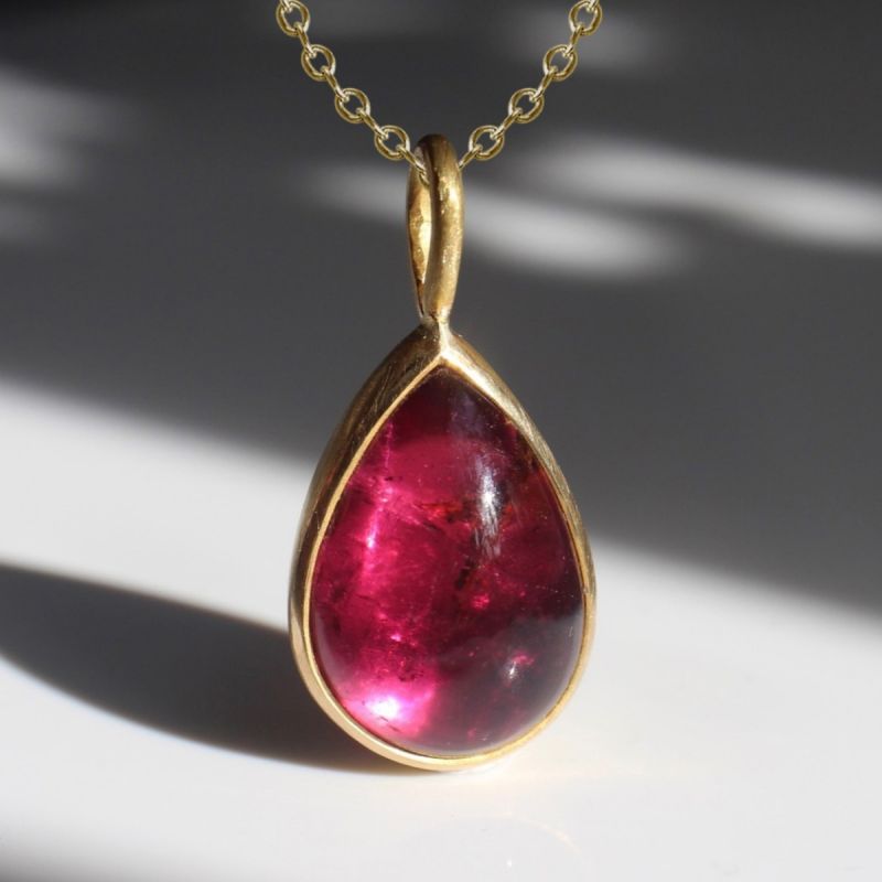 Golden Pear Cut Cabochon Ruby Sapphire Pendant Necklace For Women Belovegrace