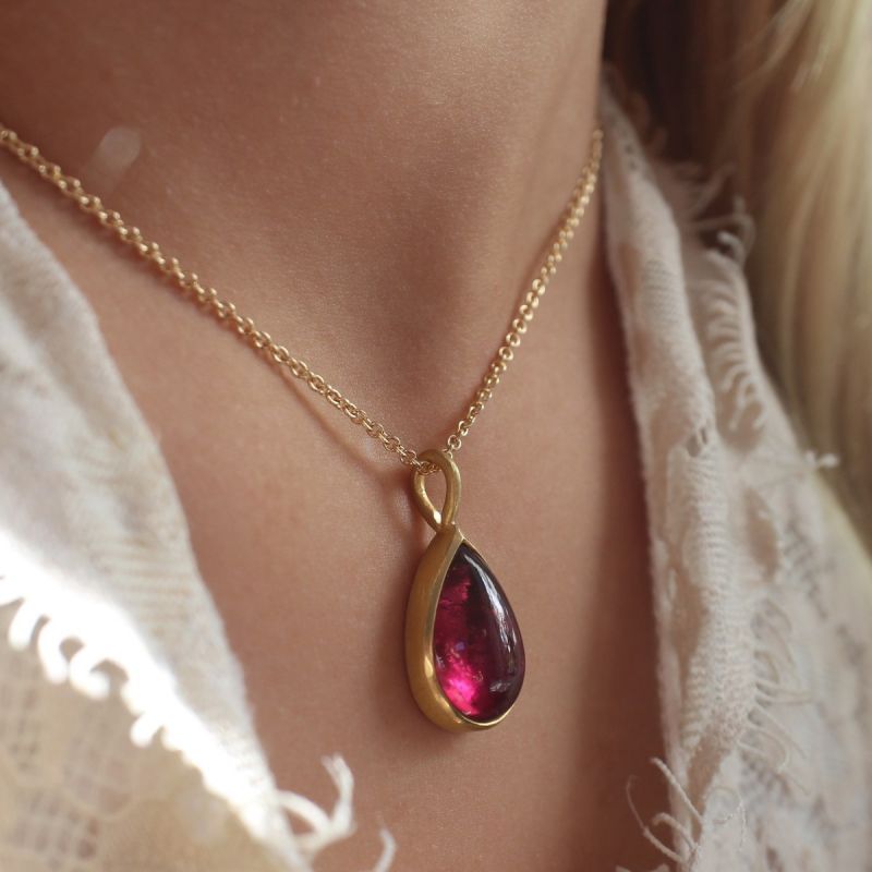 Golden Pear Cut Cabochon Ruby Sapphire Pendant Necklace For Women Belovegrace