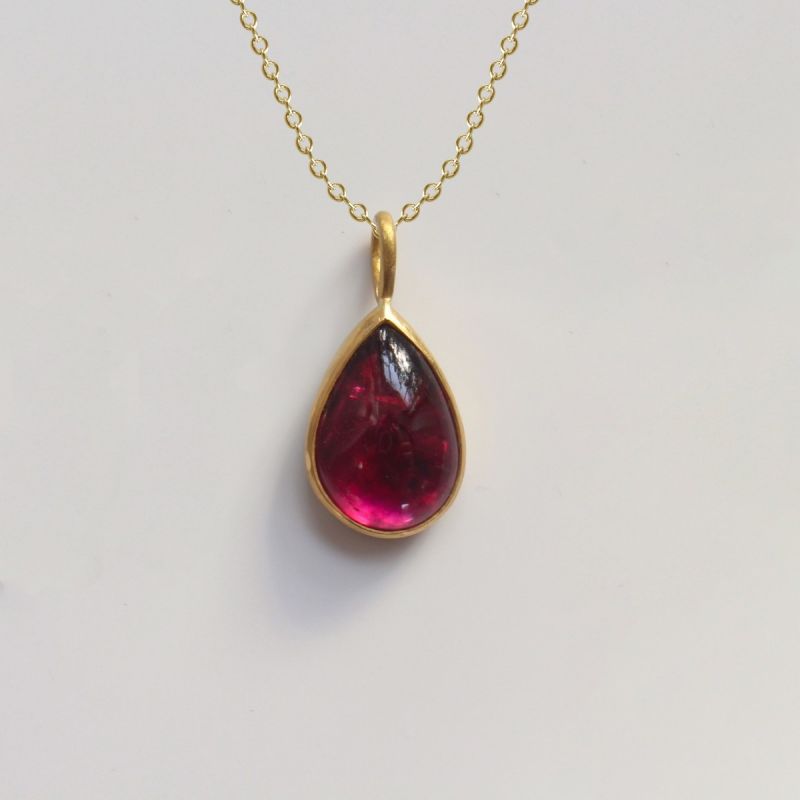 Golden Pear Cut Cabochon Ruby Sapphire Pendant Necklace For Women Belovegrace