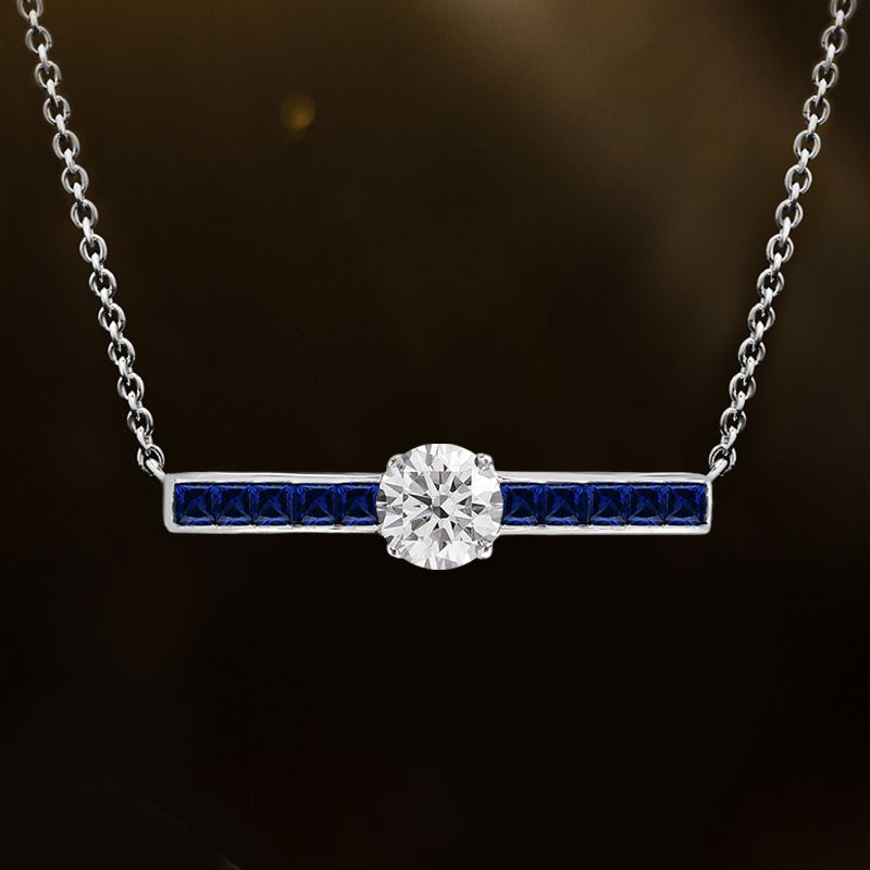 Blue & White Sapphire Round & Princess Cut Pendant Necklace For Women Belovegrace