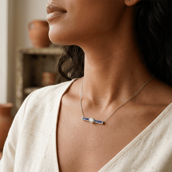 Blue & White Sapphire Round & Princess Cut Pendant Necklace For Women