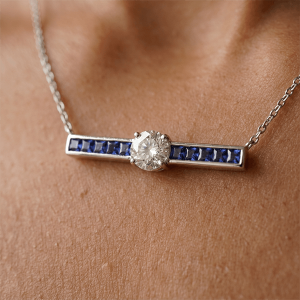 Blue & White Sapphire Round & Princess Cut Pendant Necklace For Women