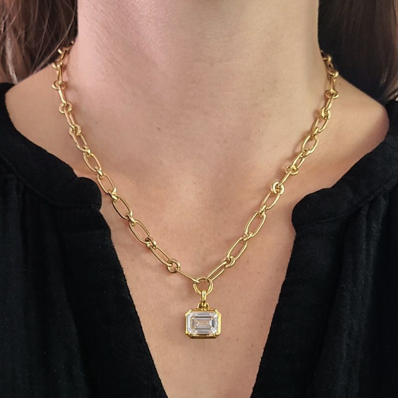 Golden Emerald Cut White Sapphire Pendant Necklace For Women Belovegrace