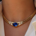 Golden Oval Cabochon Cut Blue Sapphire Pendant Necklace For Women Belovegrace