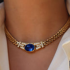 Golden Oval Cabochon Cut Blue Sapphire Pendant Necklace For Women Belovegrace