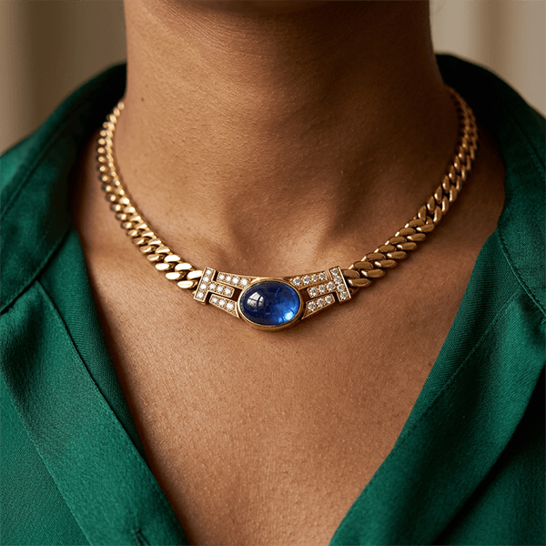 Golden Oval Cabochon Cut Blue Sapphire Pendant Necklace For Women