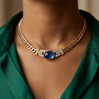 Golden Oval Cabochon Cut Blue Sapphire Pendant Necklace For Women