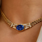 Golden Oval Cabochon Cut Blue Sapphire Pendant Necklace For Women Belovegrace