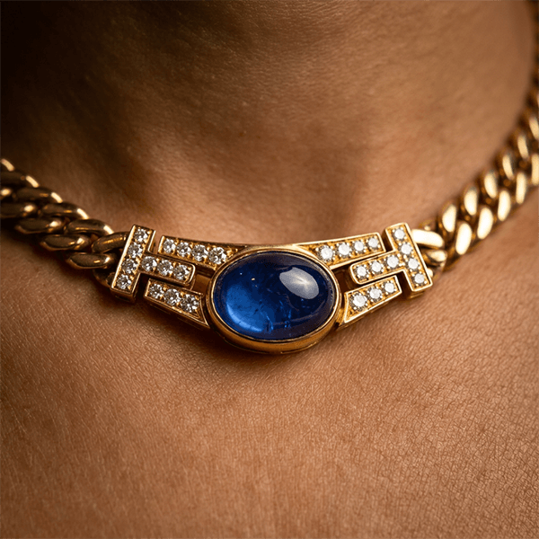 Golden Oval Cabochon Cut Blue Sapphire Pendant Necklace For Women