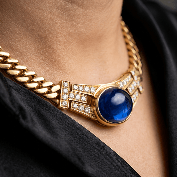 Golden Oval Cabochon Cut Blue Sapphire Pendant Necklace For Women