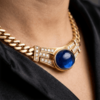 Golden Oval Cabochon Cut Blue Sapphire Pendant Necklace For Women
