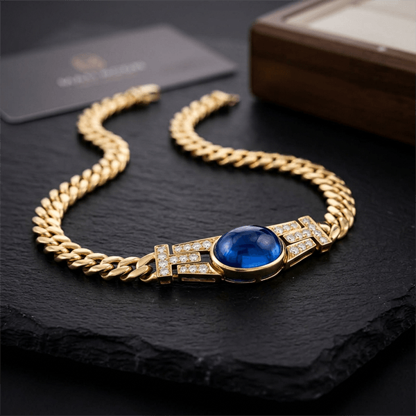 Golden Oval Cabochon Cut Blue Sapphire Pendant Necklace For Women