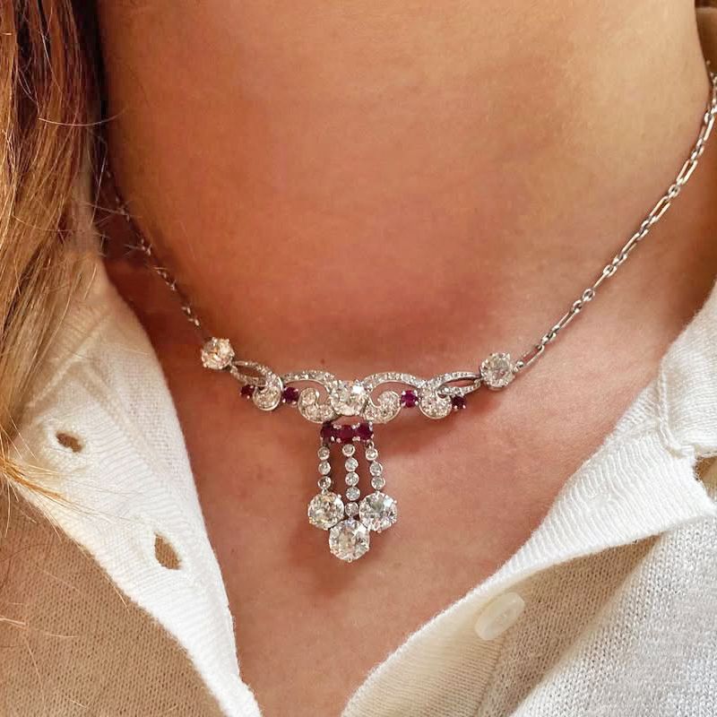 Ruby & White Sapphire Round Cut Pendant Necklace For Women Belovegrace