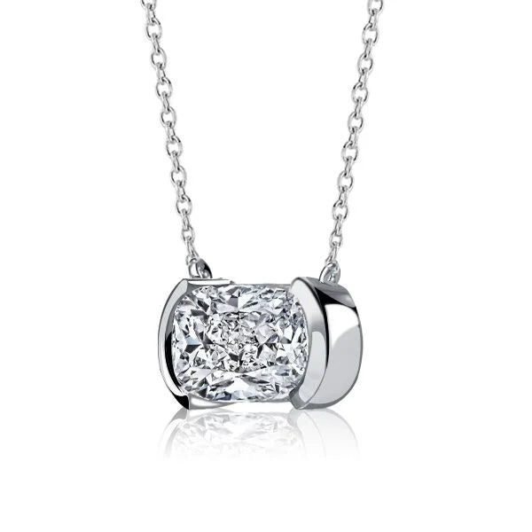 Classic Half Bezel Cushion Cut White Sapphire Pendant Necklace For Women Belovegrace