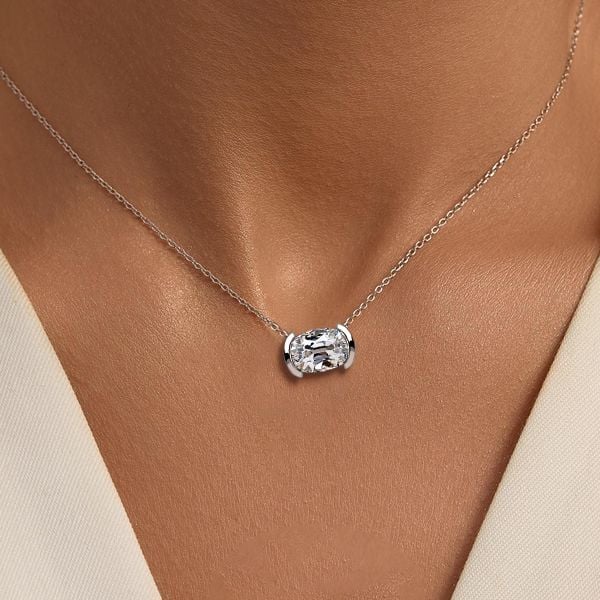 Classic Half Bezel Cushion Cut White Sapphire Pendant Necklace For Women Belovegrace