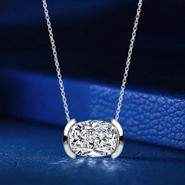 Classic Half Bezel Cushion Cut White Sapphire Pendant Necklace For Women Belovegrace