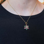 Luxury Jewelry Golden Star Design Round & Baguette Cut White & Emerald & Ruby Sapphire Pendant Necklace For Women