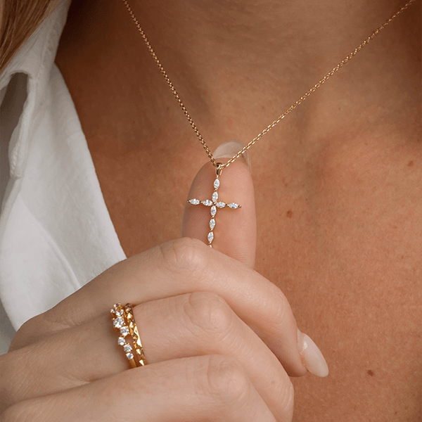 Luxury Jewelry Golden Marquise Cut White Sapphire Cross Pendant Necklace For Women