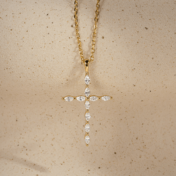 Luxury Jewelry Golden Marquise Cut White Sapphire Cross Pendant Necklace For Women