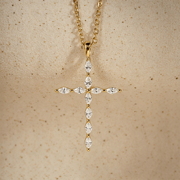Luxury Jewelry Golden Marquise Cut White Sapphire Cross Pendant Necklace For Women