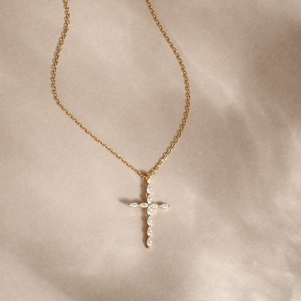 Luxury Jewelry Golden Marquise Cut White Sapphire Cross Pendant Necklace For Women