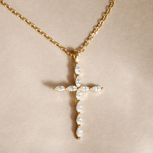 Luxury Jewelry Golden Marquise Cut White Sapphire Cross Pendant Necklace For Women