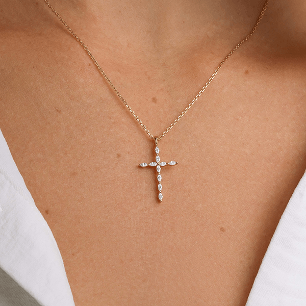 Luxury Jewelry Golden Marquise Cut White Sapphire Cross Pendant Necklace For Women