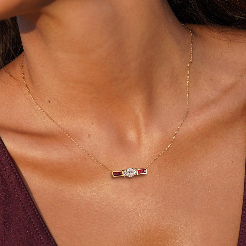 Elegant Rose Gold Halo Oval Cut White & Ruby Sapphire Pendant Necklace For Women