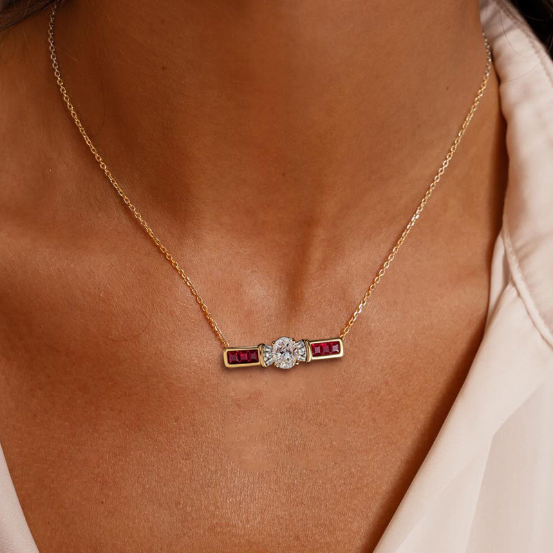 Elegant Rose Gold Halo Oval Cut White & Ruby Sapphire Pendant Necklace For Women