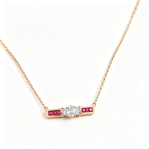 Elegant Rose Gold Halo Oval Cut White & Ruby Sapphire Pendant Necklace For Women