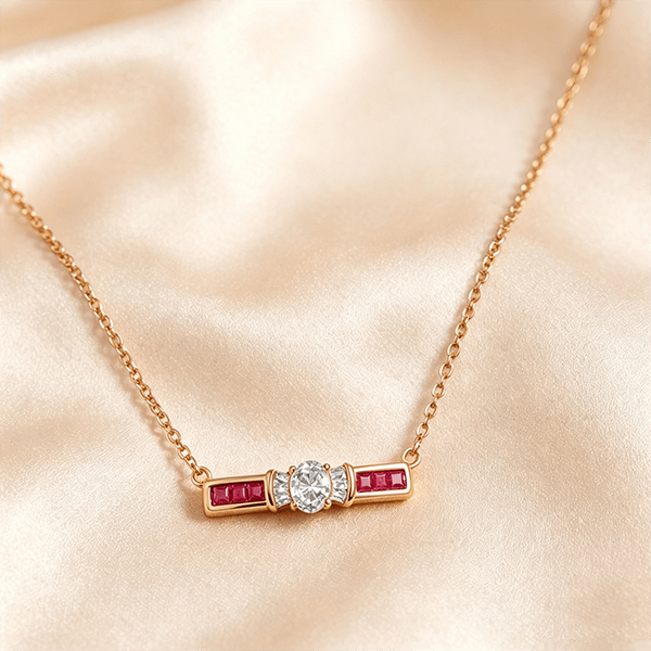 Elegant Rose Gold Halo Oval Cut White & Ruby Sapphire Pendant Necklace For Women