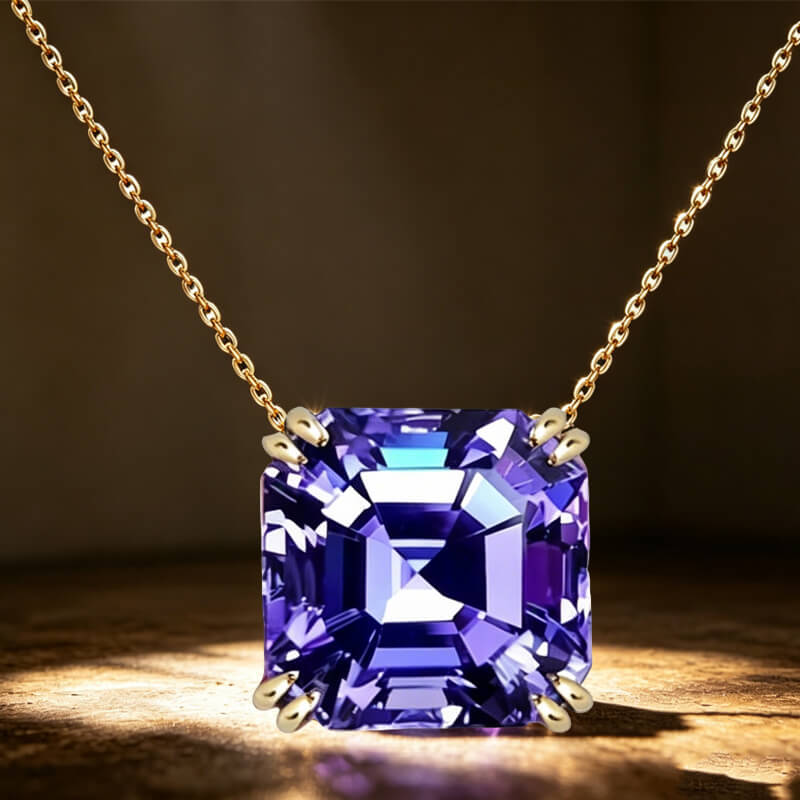 Luxury Jewelry Golden Double Prong Asscher Cut Tanzanite Sapphire Pendant Necklace For Women