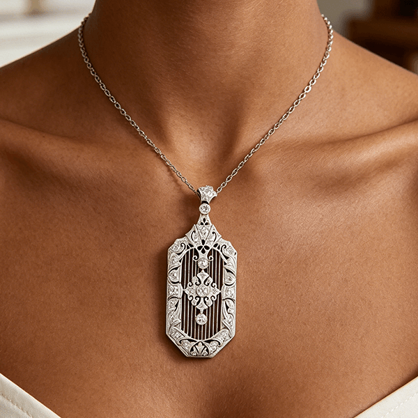 Luxury Jewelry Art Deco Filigree Round Cut White Sapphire Pendant Necklace For Women
