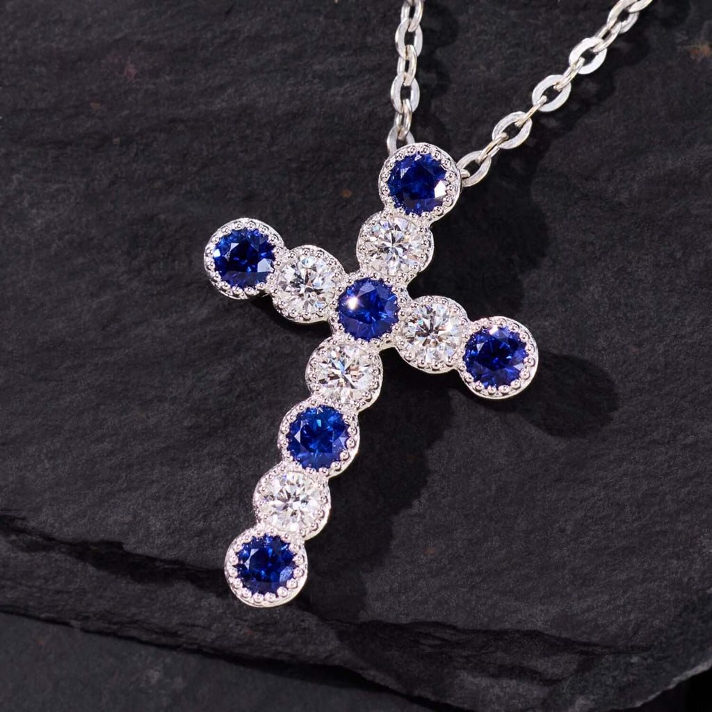 Vintage Milgrain Bezel Round Cut  Blue & White Sapphire Cross Pendant Necklace For Women