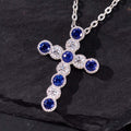 Vintage Milgrain Bezel Round Cut  Blue & White Sapphire Cross Pendant Necklace For Women