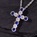 Vintage Milgrain Bezel Round Cut  Blue & White Sapphire Cross Pendant Necklace For Women