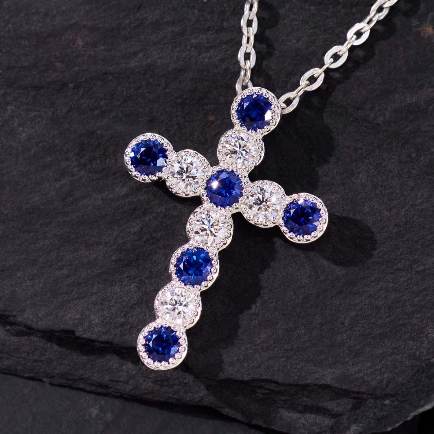 Vintage Milgrain Bezel Round Cut  Blue & White Sapphire Cross Pendant Necklace For Women