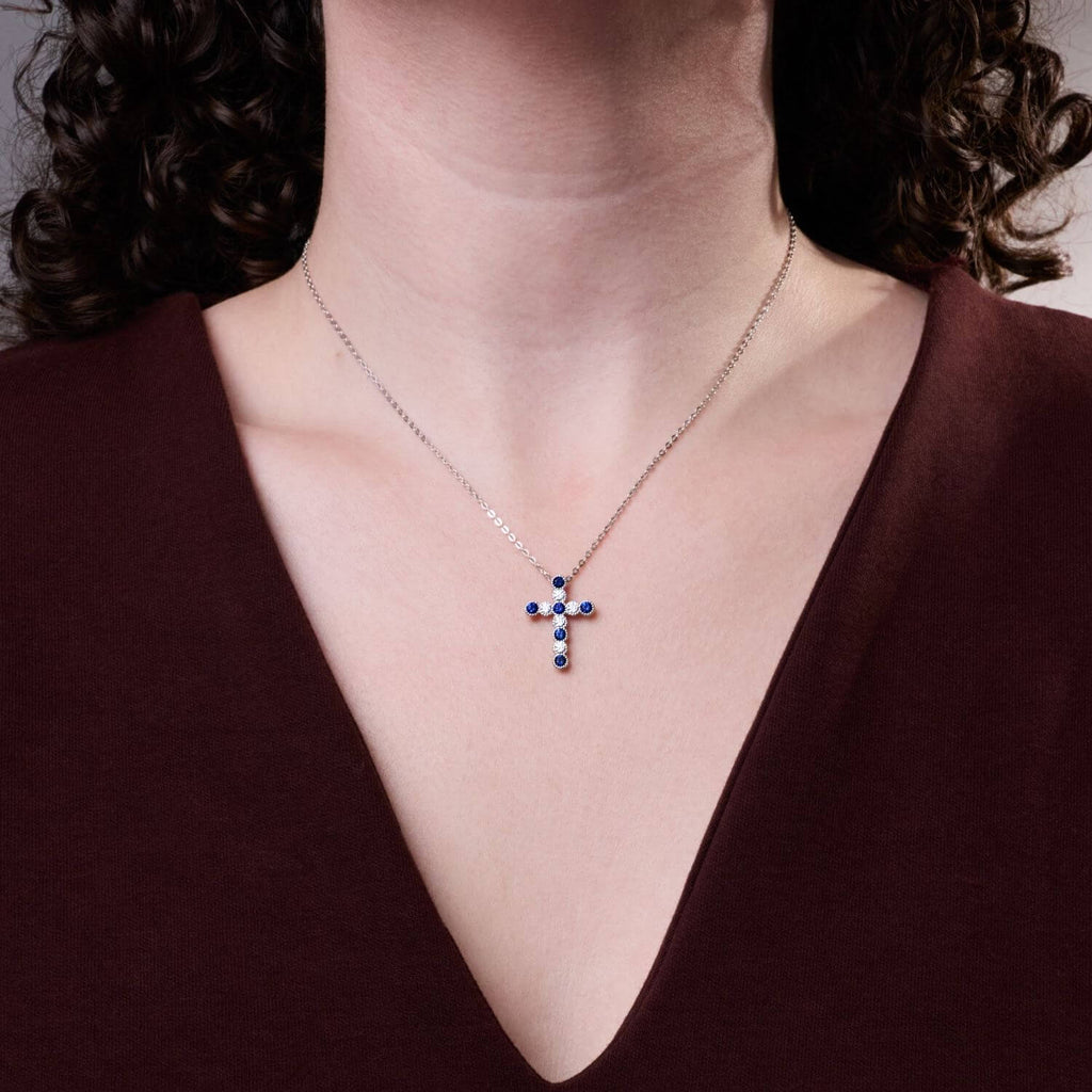 Vintage Milgrain Bezel Round Cut  Blue & White Sapphire Cross Pendant Necklace For Women