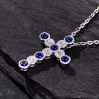 Vintage Milgrain Bezel Round Cut  Blue & White Sapphire Cross Pendant Necklace For Women