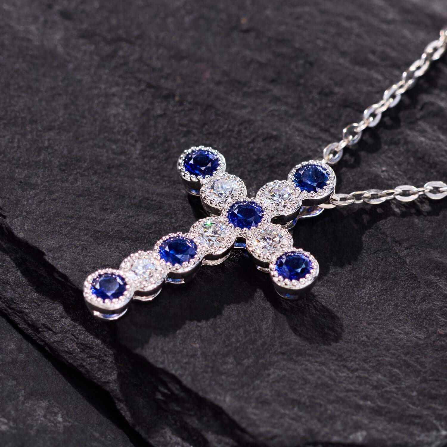 Vintage Milgrain Bezel Round Cut  Blue & White Sapphire Cross Pendant Necklace For Women