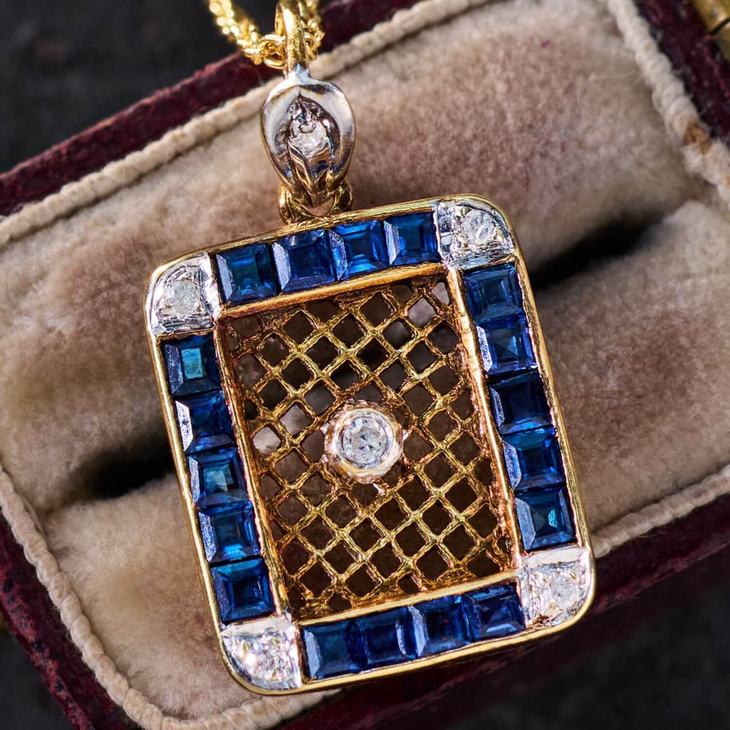 Luxury Jewelry Unique Design Golden Round & Asscher Cut White & Blue Sapphire Pendant Necklace For Women