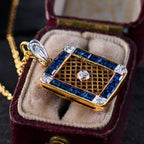 Luxury Jewelry Unique Design Golden Round & Asscher Cut White & Blue Sapphire Pendant Necklace For Women