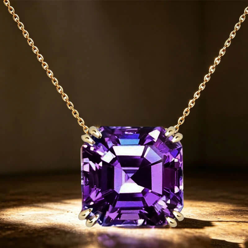 Luxury Jewelry Solitaire Double Prong Golden Asscher Cut Amethyst Sapphire Pendant Necklace For Women