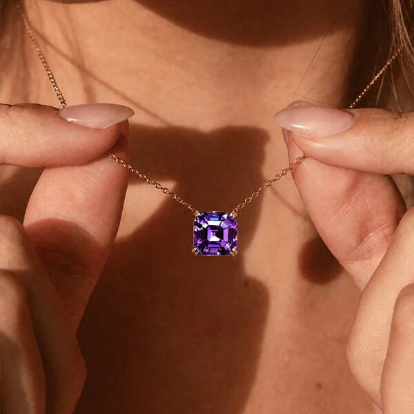 Luxury Jewelry Solitaire Double Prong Golden Asscher Cut Amethyst Sapphire Pendant Necklace For Women