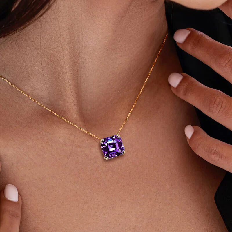 Luxury Jewelry Solitaire Double Prong Golden Asscher Cut Amethyst Sapphire Pendant Necklace For Women