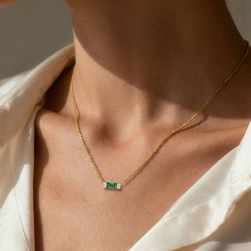 Classic Golden Baguette Cut Emerald & White Sapphire Pendant Necklace For Women