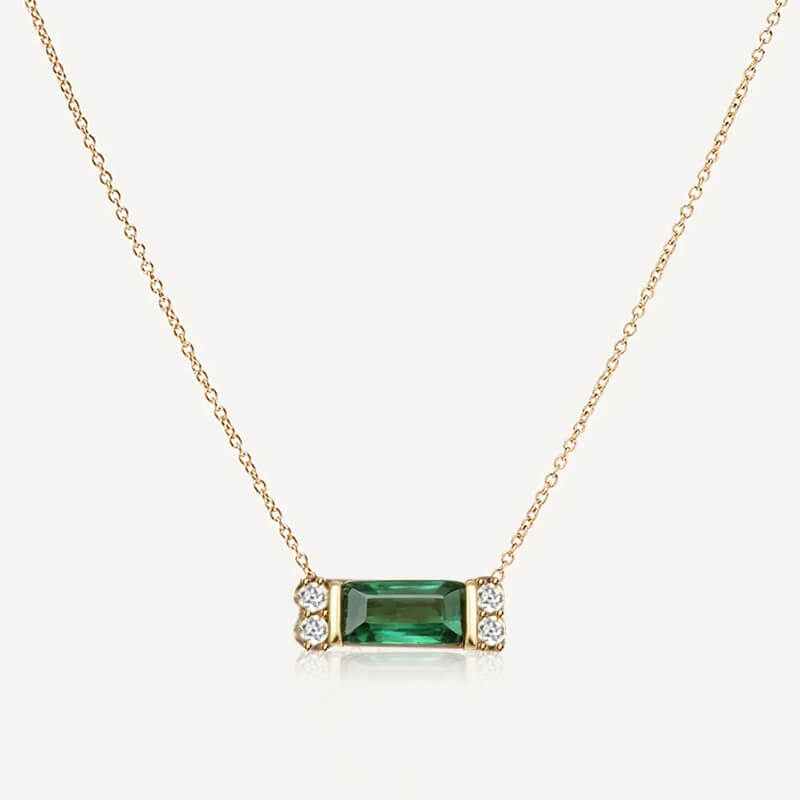 Classic Golden Baguette Cut Emerald & White Sapphire Pendant Necklace For Women