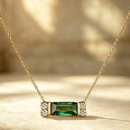 Classic Golden Baguette Cut Emerald & White Sapphire Pendant Necklace For Women